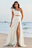 One Shoulder A Line White Long Wedding Dress with Slit