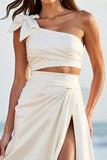 One Shoulder A Line White Long Wedding Dress with Slit