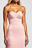 Pink Satin Sweetheart A Line Long Bridesmaid Dress