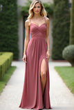 Chiffon Spaghetti Straps Dusty Rose Long Bridesmaid Dress with Slit