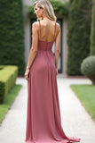 Chiffon Spaghetti Straps Dusty Rose Long Bridesmaid Dress with Slit