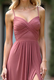 Chiffon Spaghetti Straps Dusty Rose Long Bridesmaid Dress with Slit