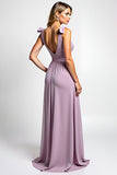 V-Neck A Line Lilac Chiffon Long Bridesmaid Dress with Slit