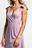 V-Neck A Line Lilac Chiffon Long Bridesmaid Dress with Slit