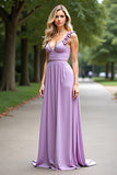 Lilac A Line Chiffon Long Bridesmaid Dress with Ruffled Sleeves