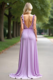 Lilac A Line Chiffon Long Bridesmaid Dress with Ruffled Sleeves