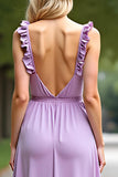 Lilac A Line Chiffon Long Bridesmaid Dress with Ruffled Sleeves