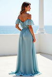 Blue A Line Cold Shoulder Long Chiffon Bridesmaid Dress