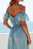 Blue A Line Cold Shoulder Long Chiffon Bridesmaid Dress