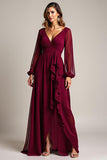 Burgundy V Neck Long Sleeves Chiffon Long Mother Of The Bride Dress With Ruffles