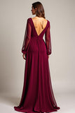 Burgundy V Neck Long Sleeves Chiffon Long Mother Of The Bride Dress With Ruffles