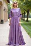 Tahiti A Line Flare Sleeve Pleated Long Chiffon Mother Of The Bride Dress