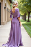 Tahiti A Line Flare Sleeve Pleated Long Chiffon Mother Of The Bride Dress