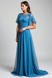 Blue A Line Ruffle Sleeve Long Chiffon Mother Of The Bride Dress