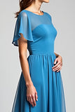 Blue A Line Ruffle Sleeve Long Chiffon Mother Of The Bride Dress