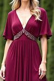 A Line Burgundy V Neck Beaded Mother Of The Bride Dress With Slit