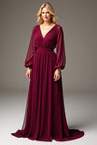 Burgundy V Neck Long Sleeve Chiffon Long Mother Of The Bride Dress