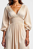 Champagne V Neck Long Sleeve Satin Mother Of The Bride Dress