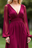 Burgundy V Neck Long Sleeve Chiffon Mother Of The Bride Dress