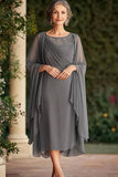 Grey Sheath Scoop Tea Length Mother of the Bride Dress with Chiffon Jacket