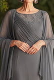 Grey Sheath Scoop Tea Length Mother of the Bride Dress with Chiffon Jacket