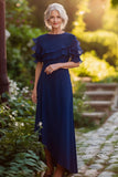 Navy Sheath Ruffled Scoop Chiffon Long Mother of the Bride Dress