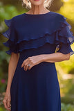 Navy Sheath Ruffled Scoop Chiffon Long Mother of the Bride Dress