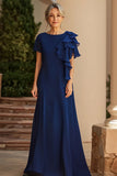 Navy Sheath Chiffon Scoop Long Mother of the Bride Dress with Ruffle