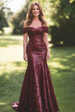 Sparkly Burgundy Off The Shoulder Long Prom Dress With Sequin