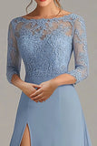 Elegant Dusty Blue A-Line Scoop Long Chiffon Mother Of the Bride Dress with Lace Appliques