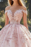 Blush Off the Shoulder Ball Gown Tulle Quinceanera Dress with Appliques