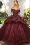 Sparkly Burgundy Ball Gown Off the Shoulder Ruffles Tulle Quinceanera Dress with Sequined Appliques