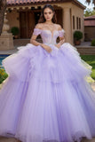 Lilac Off the Shoulder Tulle Tiered Princess Applique Quinceanera Dress