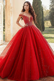 Red Ball Gown Off the Shoulder Tulle Applique Quinceanera Dress