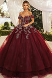 Burgundy Ball Gown Off the Shoulder Appliqued Quinceanera Dress