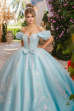 Princess Sky Blue Ball Gown Off the Shoulder Lace-Up Front Appliques Tulle Quinceanera Dress with Bow