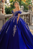 Princess Royal Blue Ball Gown Off the Shoulder Tulle Quinceanera Dress with Lace Appliques