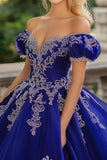 Princess Royal Blue Ball Gown Off the Shoulder Tulle Quinceanera Dress with Lace Appliques