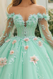 Mint Off The Shoulder Tulle Quinceanera Dress With 3D Flowers