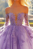 Lilac Off The Shoulder Tulle Appliqued Quinceanera Dress With Long Sleeves