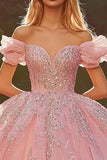 Pink Off The Shoulder Ball Gown Appliqued Quinceanera Dress