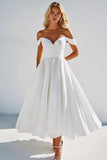 White Satin Off the Shoulder A Line Short Graduation Dress