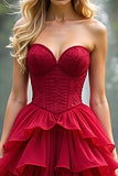 A Line Lace Red Sweetheart Long Prom Dress