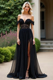 Black A Line Off The Shoulder Chiffon Lace Formal Dress with Slit