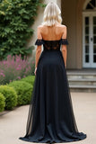 Black A Line Off The Shoulder Chiffon Lace Formal Dress with Slit