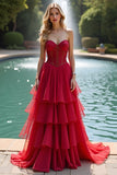 Red Long Ruffled A Line Sweetheart Formal Dress with Lace