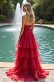 Red Long Ruffled A Line Sweetheart Formal Dress with Lace