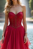 Red Long Ruffled A Line Sweetheart Formal Dress with Lace