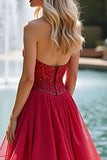 Red Long Ruffled A Line Sweetheart Formal Dress with Lace