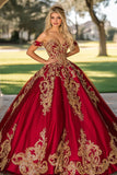 Sparkly Red Golden Satin Quinceanera Dress with Appliques